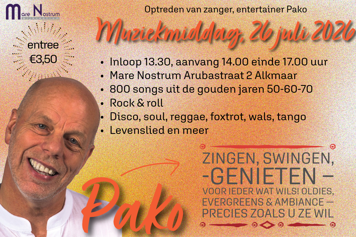 Aankondiging van het optreden van Pako met info over entree en aanvangstijden, Op de aankondiging staat een foto van de artiest, Pako